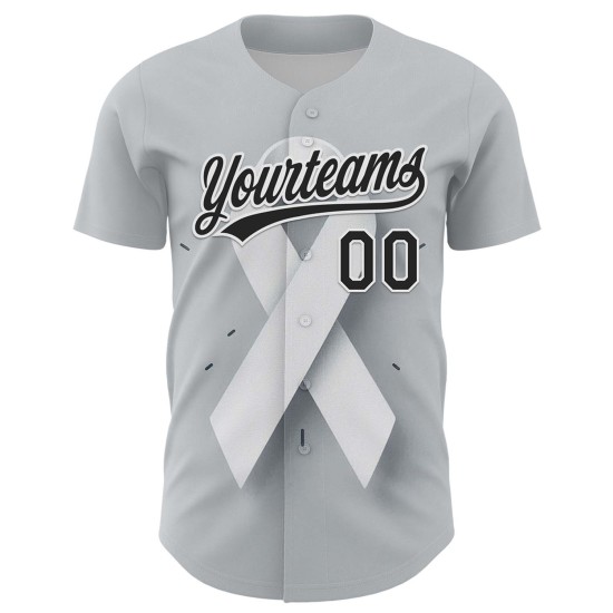 Maillot de baseball personnalisé 3D avec ruban gris et cancer du poumon, noir et blanc Maillot de baseball personnalisé 3D avec ruban gris et cancer du poumon, noir et blanc