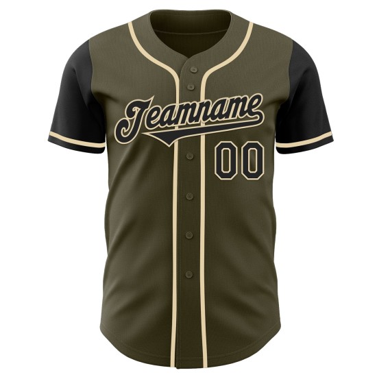 Maillot de baseball personnalisé à deux tons, authentique Salute, olive, noir et crème Maillot de baseball personnalisé à deux tons, authentique Salute, olive, noir et crème