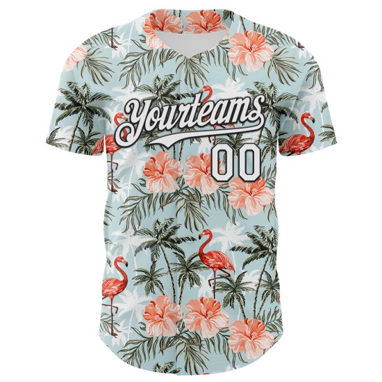 Maillot de baseball personnalisé flamant rose 3D blanc-noir, motif palmier, authentique, bleu tropical hawaïen Maillot de baseball personnalisé flamant rose 3D blanc-noir, motif palmier, authentique, bleu tropical hawaïen
