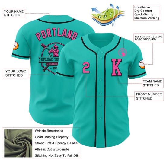 Maillot de baseball Aqua authentique rose-noir personnalisé Maillot de baseball Aqua authentique rose-noir personnalisé