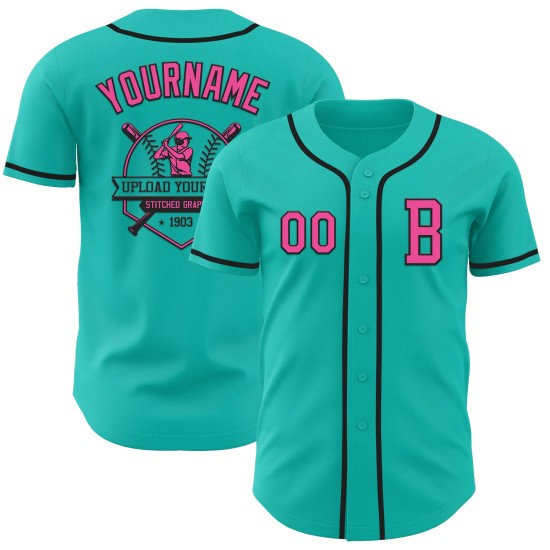 Maillot de baseball Aqua authentique rose-noir personnalisé Maillot de baseball Aqua authentique rose-noir personnalisé