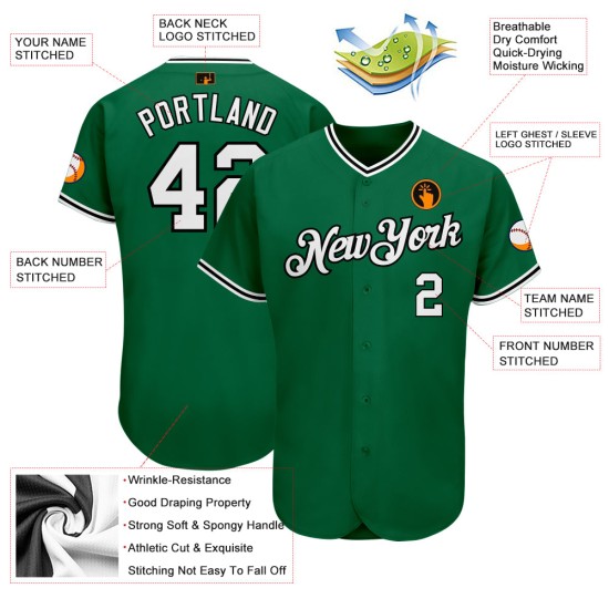 Maillot de baseball personnalisé blanc-noir authentique Kelly Green Maillot de baseball personnalisé blanc-noir authentique Kelly Green