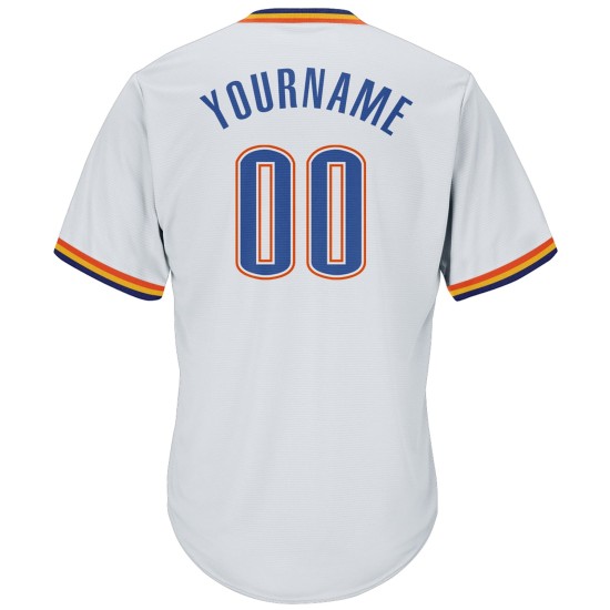Maillot de baseball blanc en tricot côtelé authentique et personnalisé, bleu marine et orange Maillot de baseball blanc en tricot côtelé authentique et personnalisé, bleu marine et orange