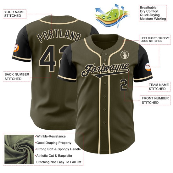Maillot de baseball personnalisé à deux tons, authentique Salute, olive, noir et crème Maillot de baseball personnalisé à deux tons, authentique Salute, olive, noir et crème