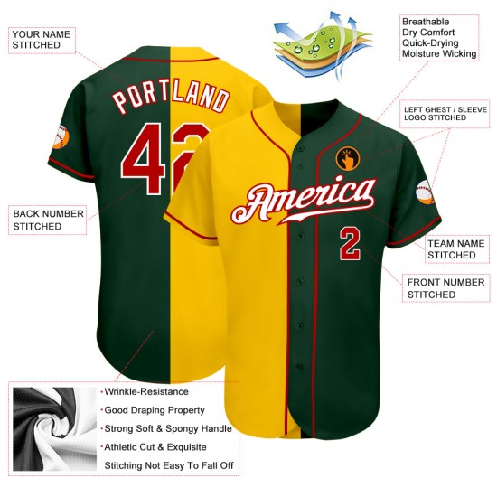 Maillot de baseball authentique Split personnalisé vert rouge-jaune mode Maillot de baseball authentique Split personnalisé vert rouge-jaune mode