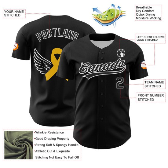 Maillot de baseball personnalisé pour enfant avec ruban blanc-jaune contre le cancer, noir, 3D, or authentique Maillot de baseball personnalisé pour enfant avec ruban blanc-jaune contre le cancer, noir, 3D, or authentique