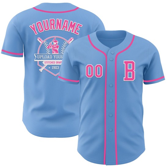 Maillot de baseball authentique rose-blanc personnalisé bleu clair Maillot de baseball authentique rose-blanc personnalisé bleu clair