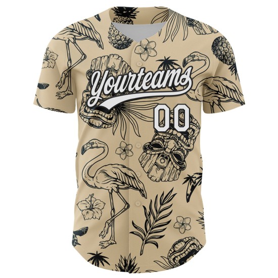 Maillot de baseball tropical 3D crème blanc-noir personnalisé Plant City et authentique Hawaii, motif flamant rose Maillot de baseball tropical 3D crème blanc-noir personnalisé Plant City et authentique Hawaii, motif flamant rose