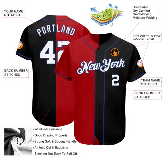 Maillot de baseball personnalisé Split Fashion Blanc-Rouge Royal Authentique Noir Maillot de baseball personnalisé Split Fashion Blanc-Rouge Royal Authentique Noir
