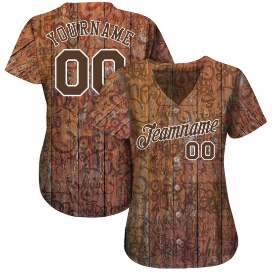 Maillot de baseball personnalisé marron-blanc avec motif authentique de graffiti 3D en bois Maillot de baseball personnalisé marron-blanc avec motif authentique de graffiti 3D en bois