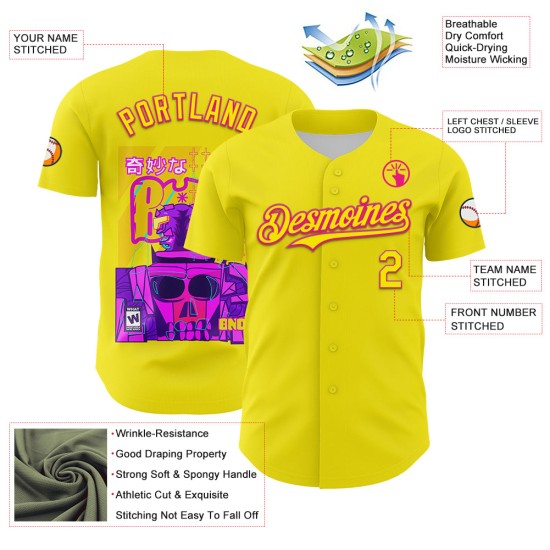 Maillot de baseball 3D Radio authentique rose clair, actif, jaune Vaunsart, personnalisé Maillot de baseball 3D Radio authentique rose clair, actif, jaune Vaunsart, personnalisé