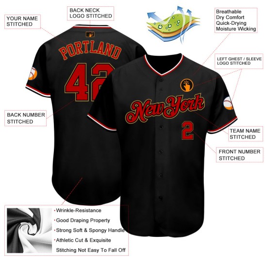 Maillot de baseball rouge et ancien personnalisé, authentique, doré et noir Maillot de baseball rouge et ancien personnalisé, authentique, doré et noir