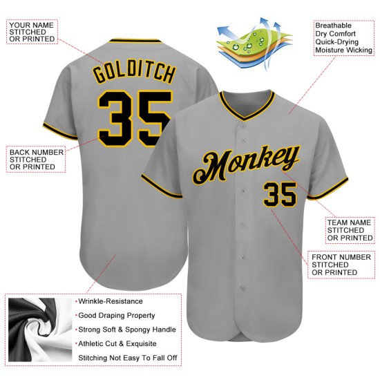 Maillot de baseball gris personnalisé authentique noir et or Maillot de baseball gris personnalisé authentique noir et or