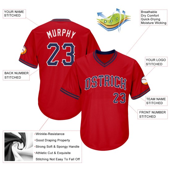 Maillot de baseball rouge authentique et personnalisé, en tricot côtelé, bleu marine et blanc Maillot de baseball rouge authentique et personnalisé, en tricot côtelé, bleu marine et blanc