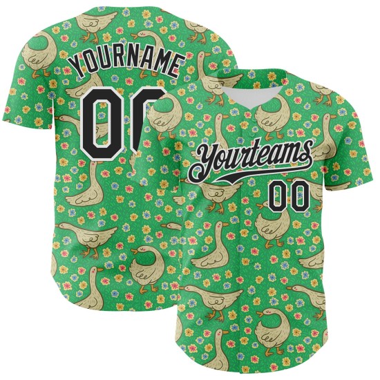 Maillot de baseball 3D Meadow Geese authentique vert Emi noir-blanc personnalisé Maillot de baseball 3D Meadow Geese authentique vert Emi noir-blanc personnalisé
