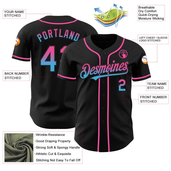 Maillot de baseball bleu personnalisé, noir délavé, authentique, rose-ciel Maillot de baseball bleu personnalisé, noir délavé, authentique, rose-ciel