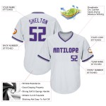 Maillot de baseball personnalisé authentique en jersey violet-gris blanc à côtes rétro Maillot de baseball personnalisé authentique en jersey violet-gris blanc à côtes rétro