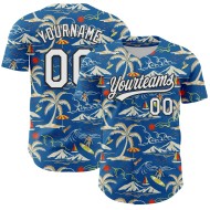 Maillot de baseball personnalisé Tree Beach Tropical Island Palm, blanc-noir, 3D Hawaii, bleu authentique