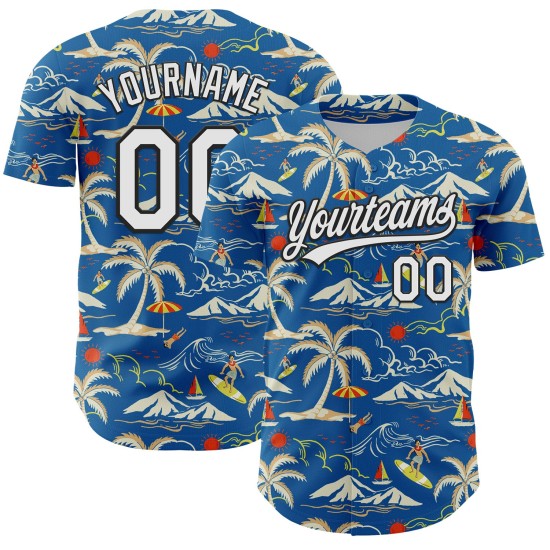 Maillot de baseball personnalisé Tree Beach Tropical Island Palm, blanc-noir, 3D Hawaii, bleu authentique Maillot de baseball personnalisé Tree Beach Tropical Island Palm, blanc-noir, 3D Hawaii, bleu authentique