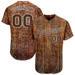 Maillot de baseball personnalisé marron-blanc avec motif authentique de graffiti 3D en bois Maillot de baseball personnalisé marron-blanc avec motif authentique de graffiti 3D en bois