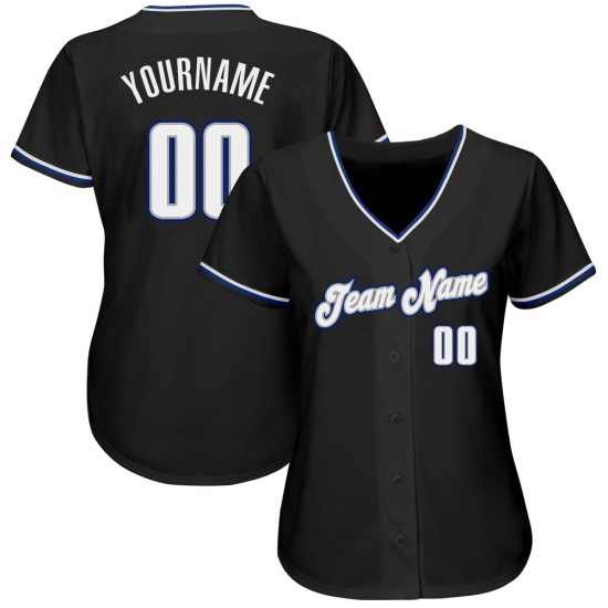 Maillot de baseball authentique noir personnalisé blanc-bleu roi Maillot de baseball authentique noir personnalisé blanc-bleu roi
