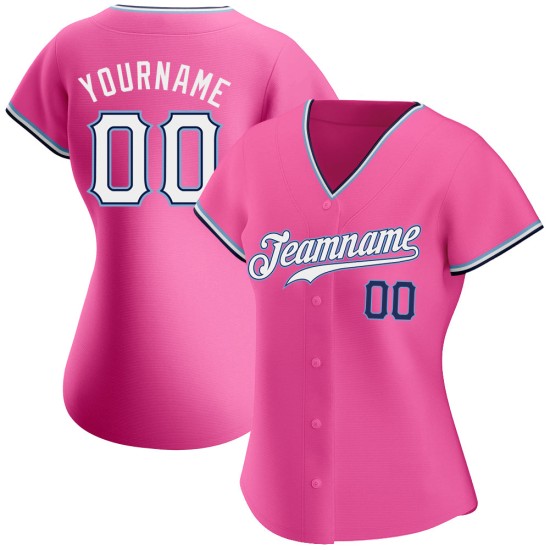 Maillot de baseball personnalisé authentique rose blanc bleu marine Maillot de baseball personnalisé authentique rose blanc bleu marine