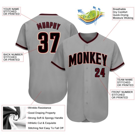 Maillot de baseball authentique gris noir-cramoisi personnalisé Maillot de baseball authentique gris noir-cramoisi personnalisé