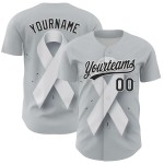 Maillot de baseball personnalisé 3D avec ruban gris et cancer du poumon, noir et blanc Maillot de baseball personnalisé 3D avec ruban gris et cancer du poumon, noir et blanc