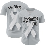 Maillot de baseball personnalisé 3D avec ruban gris et cancer du poumon, noir et blanc