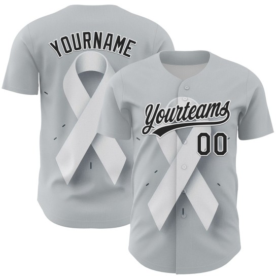 Maillot de baseball personnalisé 3D avec ruban gris et cancer du poumon, noir et blanc Maillot de baseball personnalisé 3D avec ruban gris et cancer du poumon, noir et blanc
