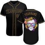 Maillot de baseball authentique personnalisé avec tête de mort noire et or à l'ancienne Maillot de baseball authentique personnalisé avec tête de mort noire et or à l'ancienne