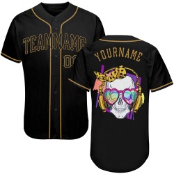 Maillot de baseball authentique personnalisé avec tête de mort noire et or à l'ancienne