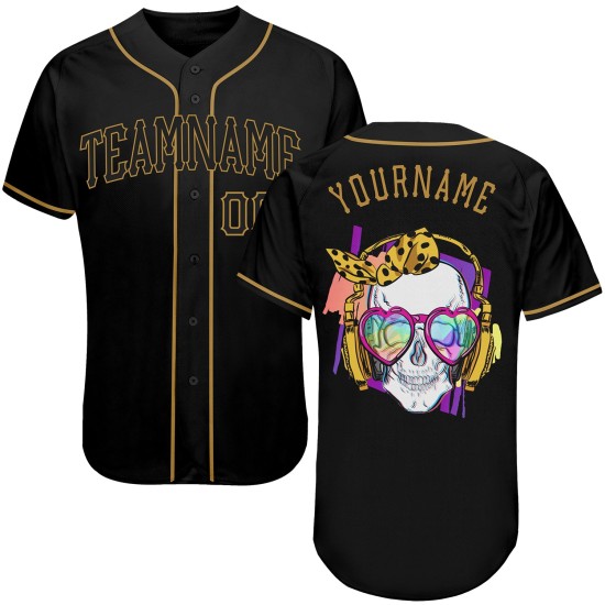 Maillot de baseball authentique personnalisé avec tête de mort noire et or à l'ancienne Maillot de baseball authentique personnalisé avec tête de mort noire et or à l'ancienne