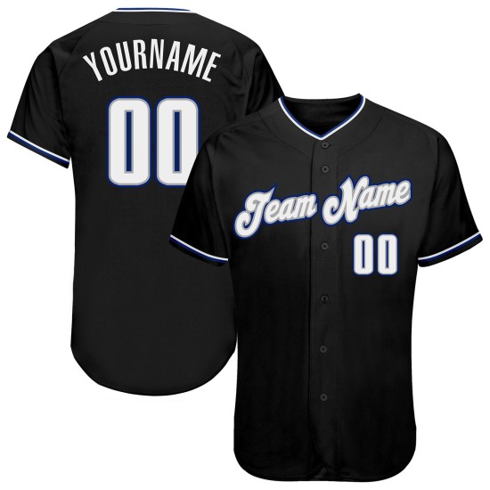 Maillot de baseball authentique noir personnalisé blanc-bleu roi Maillot de baseball authentique noir personnalisé blanc-bleu roi