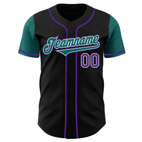 Maillot de baseball authentique personnalisé deux tons noir sarcelle-violet Maillot de baseball authentique personnalisé deux tons noir sarcelle-violet