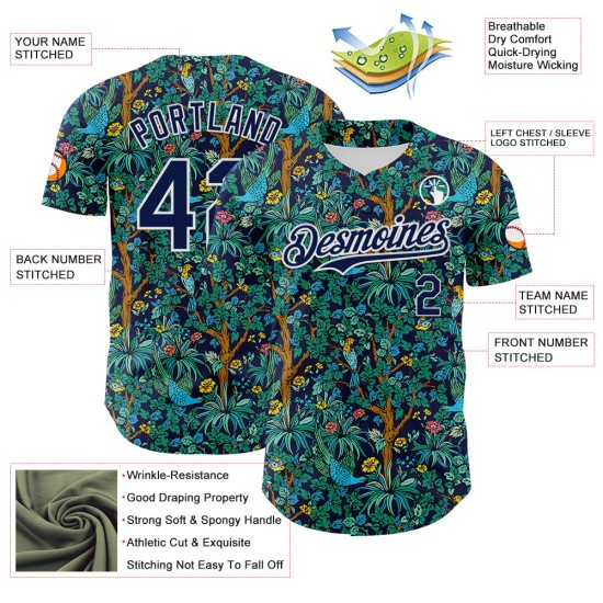 Maillot de baseball 3D Hawaii Tropical authentique bleu marine et blanc, motif Jungle Bird Maillot de baseball 3D Hawaii Tropical authentique bleu marine et blanc, motif Jungle Bird