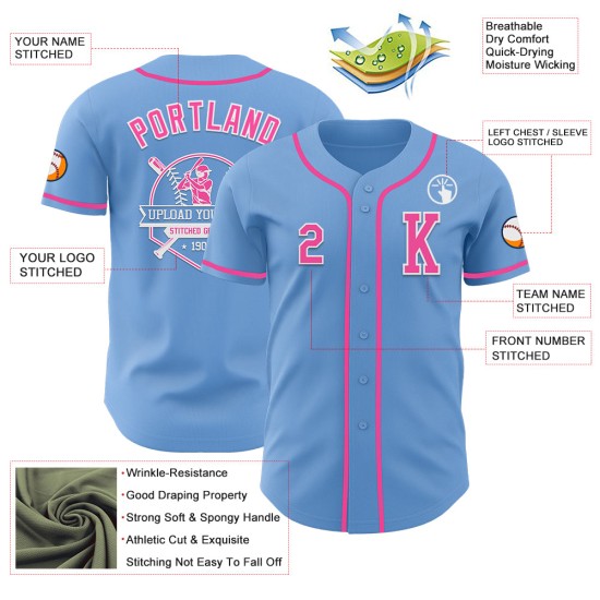 Maillot de baseball authentique rose-blanc personnalisé bleu clair Maillot de baseball authentique rose-blanc personnalisé bleu clair