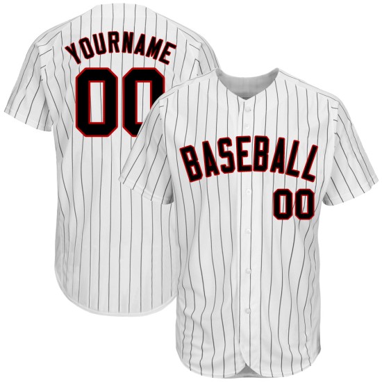 Maillot de baseball personnalisé à rayures fines, blanc, noir et rouge, authentique Maillot de baseball personnalisé à rayures fines, blanc, noir et rouge, authentique